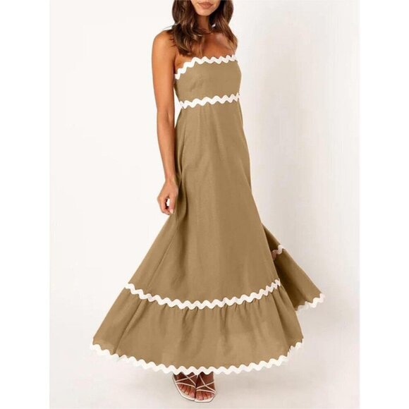 Women Khaki Spaghetti Straps Sleeveless Square Neck Smocked Rickrack Maxi Dress - Picture 3 of 7